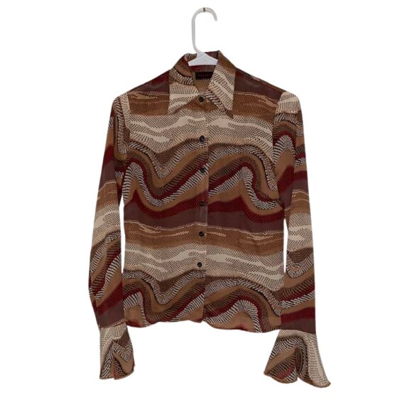 Retro Chic 70s Disco Shirt Heart Soul Bell Sleeve Brown Neutral Mod Knit Small - Picture 2 of 12